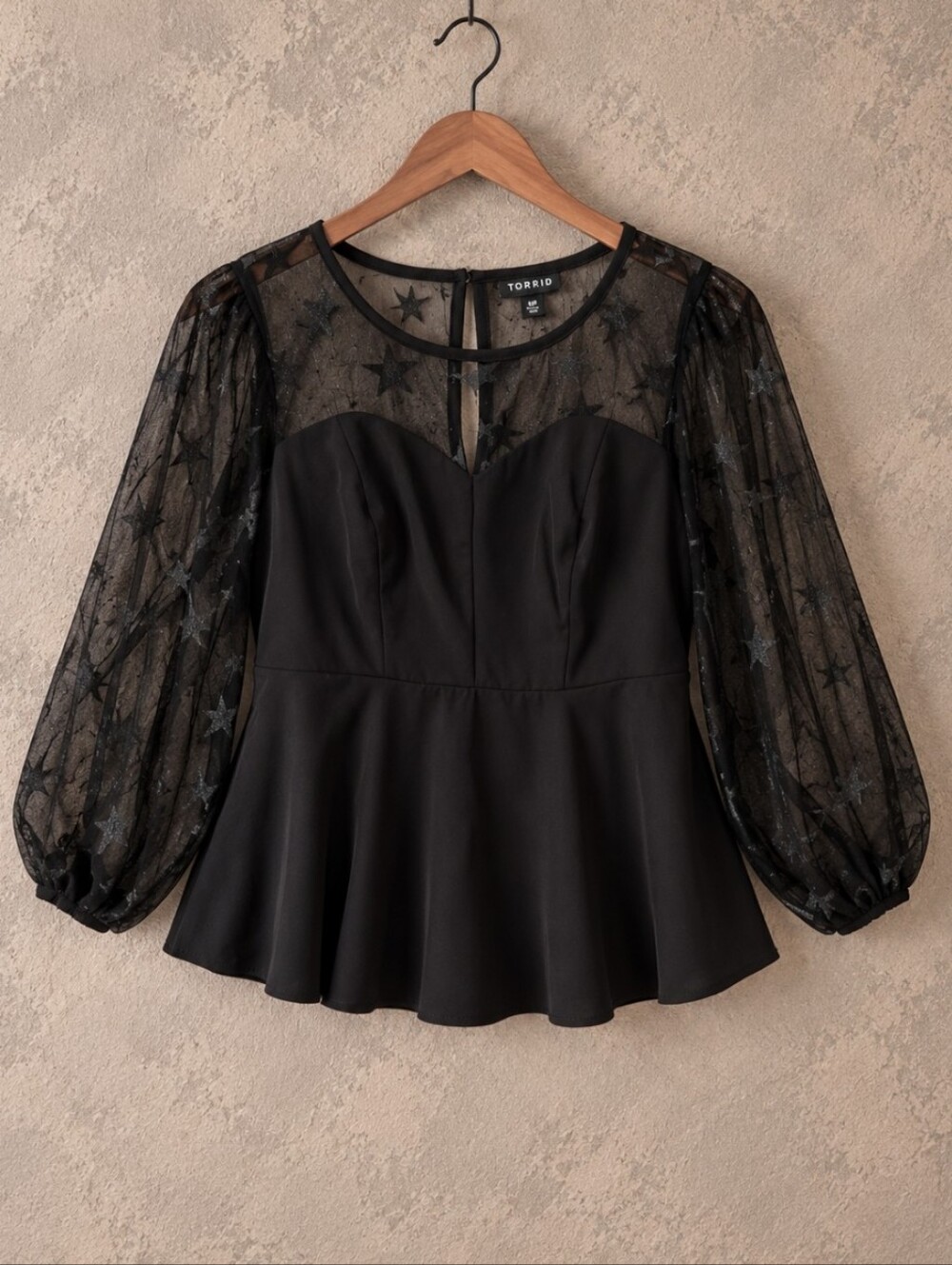 torrid Black Star Mesh Sleeve Peplum Blouse